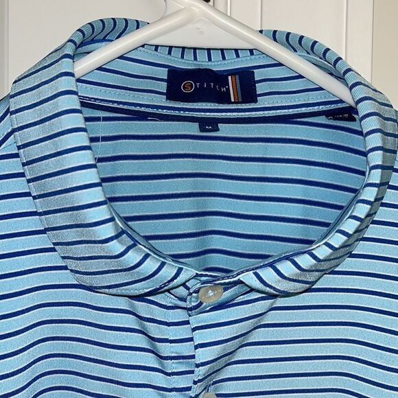 Beautiful Stitch swept collar Carolina Blue stripe men’s Golf polo shirt M spots - Picture 2 of 4